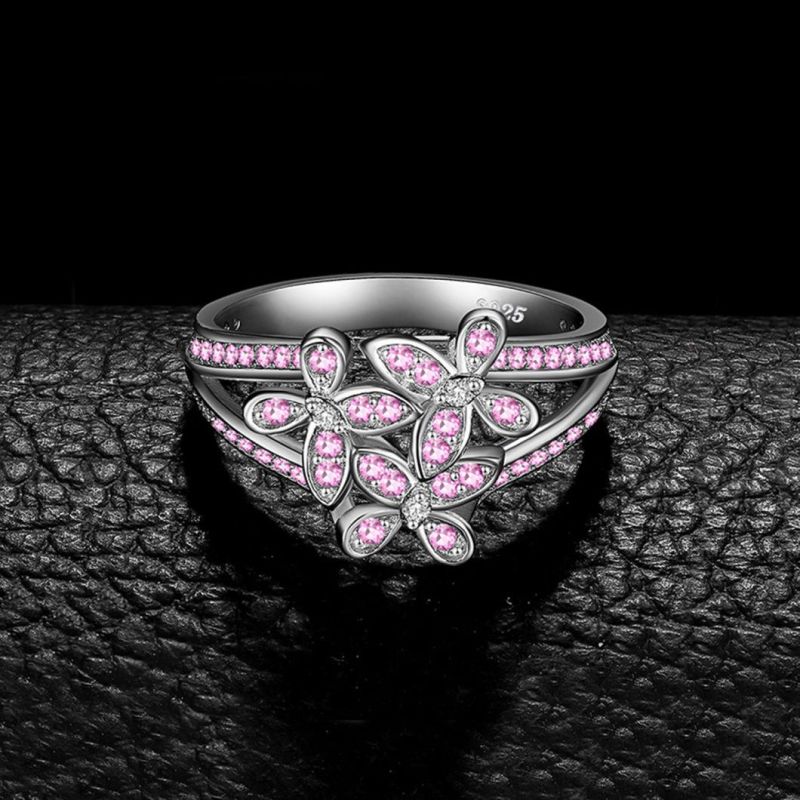 Fashion Jewelry 925 Sterling Silver Pink Flower Ring for Women Wholesale