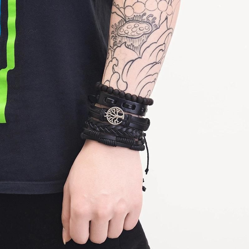 5 Piece Leather Cuff Bracelet for Men and Women Punk Rock Braided Bracelet Via Brown Black Wristband Handmade Jewelry