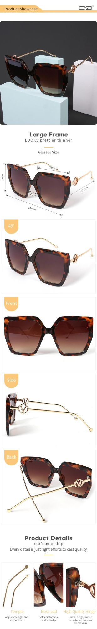 Ladies Big PC Frame Sunglasses with Metal Temple Sun Glasses Custom Square Frame Shades Outdoor Travel Eyeglass