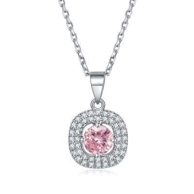 Silver Jewelry Sets Round Shaped Jewelry Women 925 Sterling Silver Rhodium Plated Pink CZ Necklace