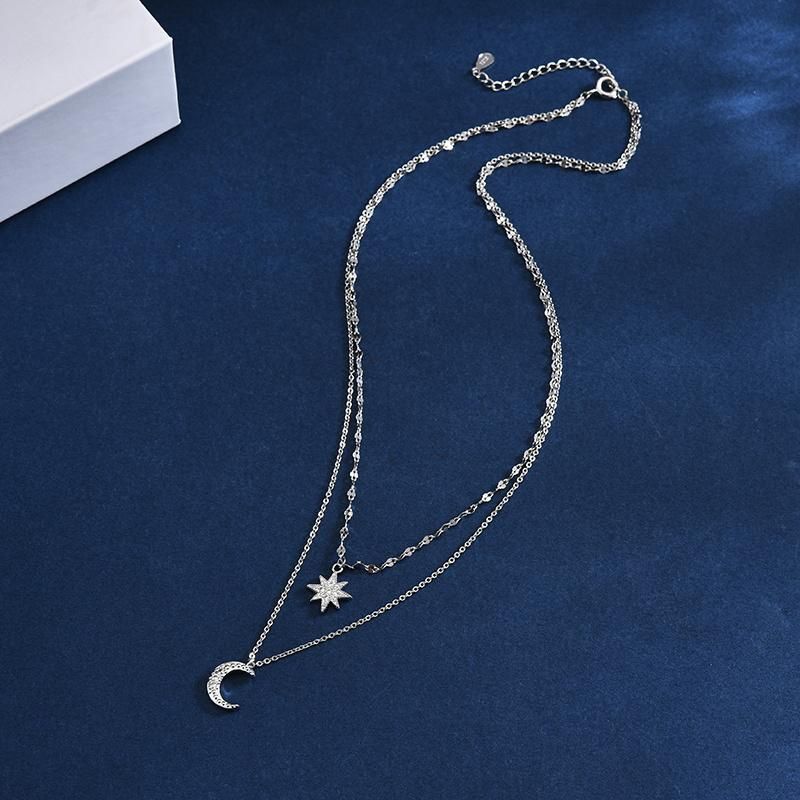 Simple Star Moon Double Necklace Flash Crystal Niche Clavicle Chain Pendant Necklace