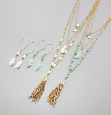 European and American Jewelry Set Three-Layer Water Drops Turquoise Earrings and Necklaces Set