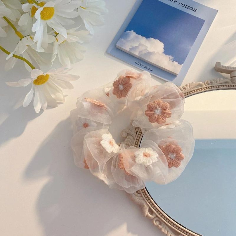 Fashion Hair Accessories Embroidered Floral Hair Rings Organza Hair Rope