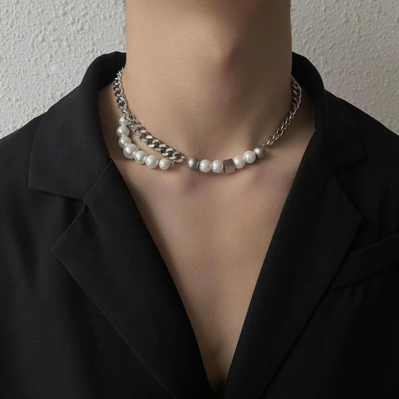 Manufacturer Custom Jewelry Set High Quality Stainless Steel Pearl Necklace Double-Layer Design Collarbone Chain Jewellery Set Men Fashion Jewelry Set