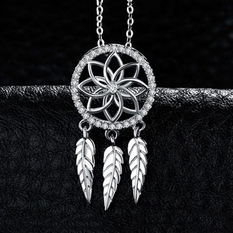 925 Sterling Silver Pendants Bohemian Dream Catcher Pendant Cubic Zirconia Boho Feather Pendant