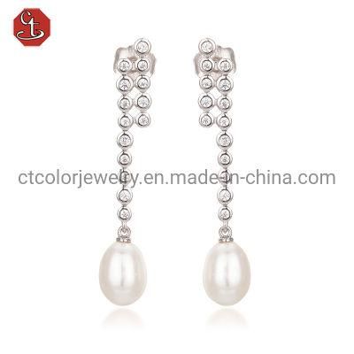 Trending earrings 2021 long drop pearl elegant zircon silver Earrings