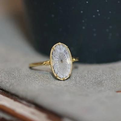 Jewellery Wholesale S925 Sterling Silver Plated 14K Gold Vintage Carved Quartz Stone Ring for Women