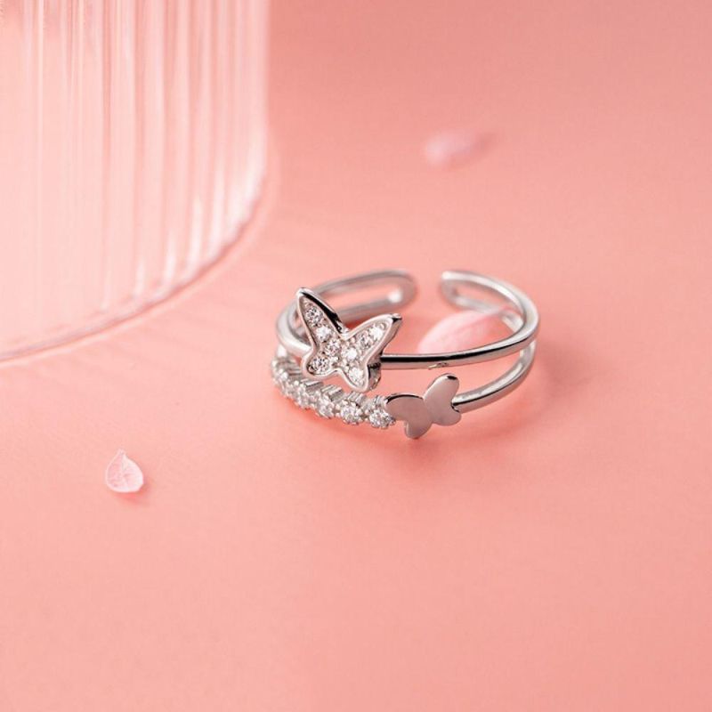 Fashion Jewelry 925 Sterling Silver Double Layer Butterfly Ring Women Girls Daughters Gift Exquisite Luxury