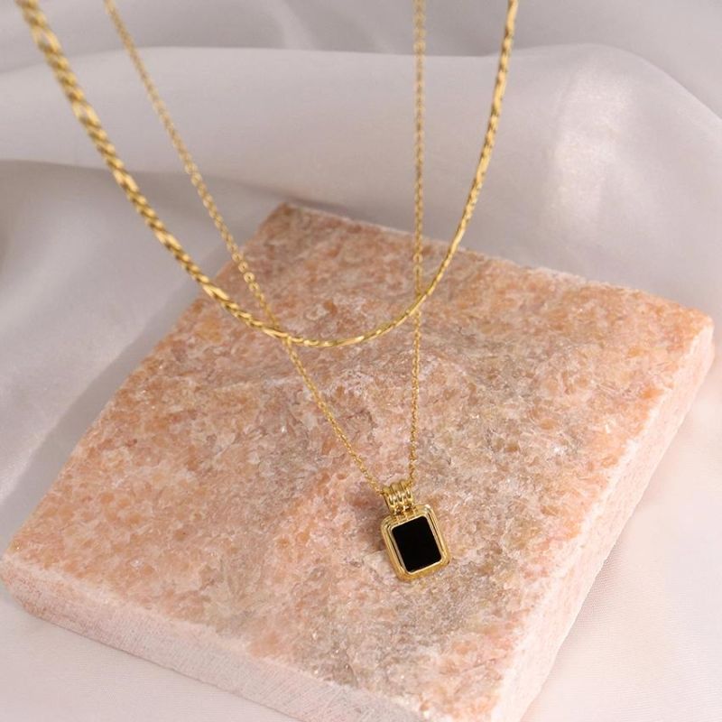 Enamel Stainless Steel Gold Plated Black Diamond Square Necklace