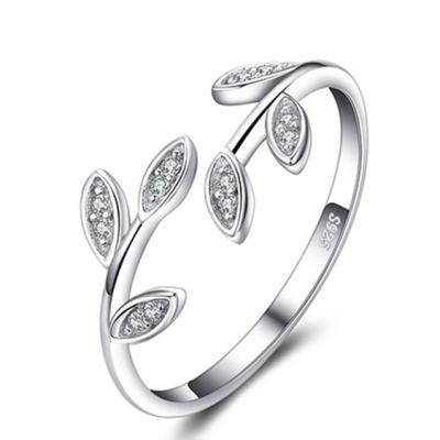 Olive Leaf Cubic Zirconia 925 Sterling Silver Adjustable Open Ring Love Peace Fashion Jewelry Wholesale