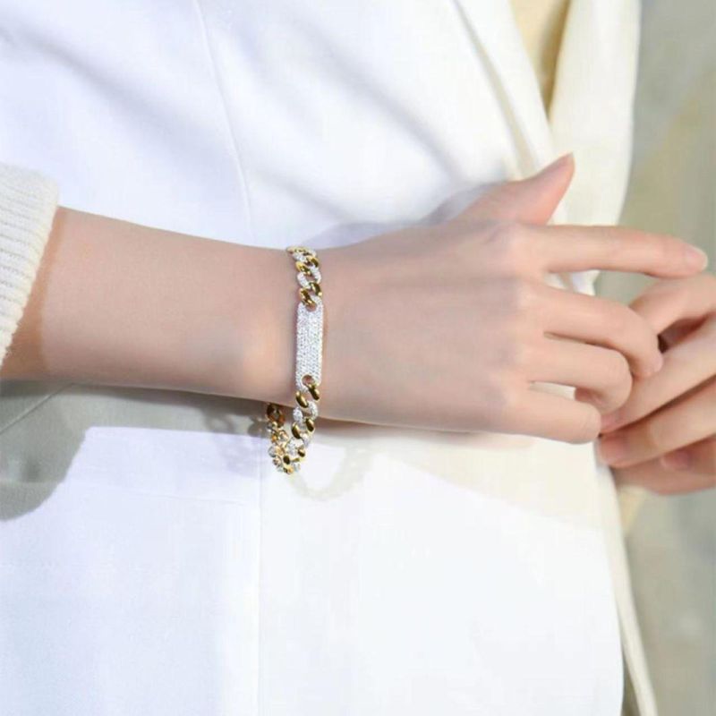 Fashion Hip-Hop Bracelet 18K Gold Plated Diamond Iced out Cuban Link Chain 925 Silver Bracelet with Buckle for Woman