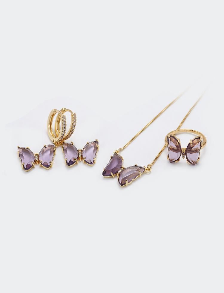 18K Gold Plated Butterfly Ring Earring and Necklace Glass Butterfly Jewelry Set