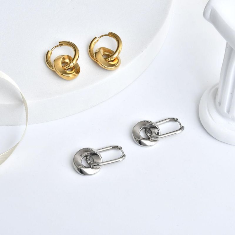 Vintage Interlocking Double Hoops Irregular Stud Two Circles Piercing Earrings