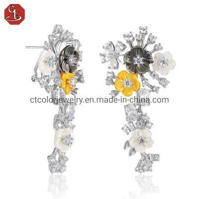 New fashion white CZ MOP flower sterling silver omega earrings