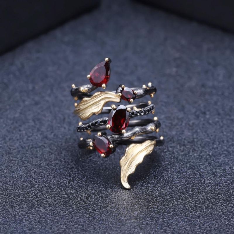 2.75CT Natural Red Garnet Gemstone Finger Ring 925 Sterling Sliver Vintage Gothic Rings for Women Fine Jewelry