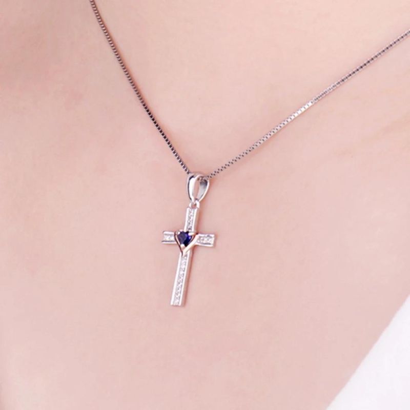 Created Sapphire Pendants Cross Love Heart 925 Sterling Silver Pendants Necklace Wholesale