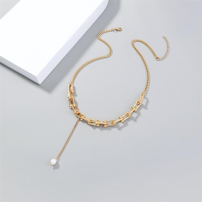 Manufacture Wholesale Price Fashion Jewelry with Horseshoe Shape Chain and Glass Pearl Charm Choker Necklace for Lady Women Girls or Party Gift