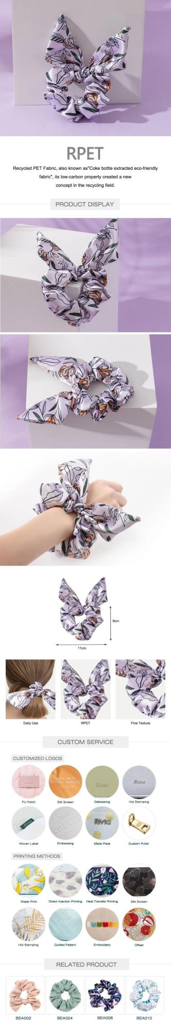 Factory Custom Designer Printed Satin Large Hair Scrunchies with Logo