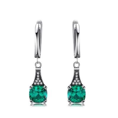 Vintage Cushion Nano Russian Simulated Emerald Dangle Earring 925 Sterling Silver Jewelry