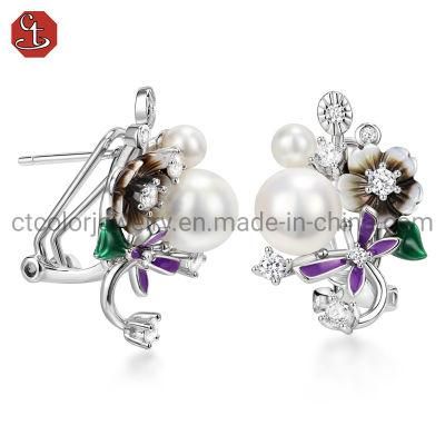 High Quality Fashion Jewelry 925 Sterling Silver Enamel Flower Pearl Mop Earring
