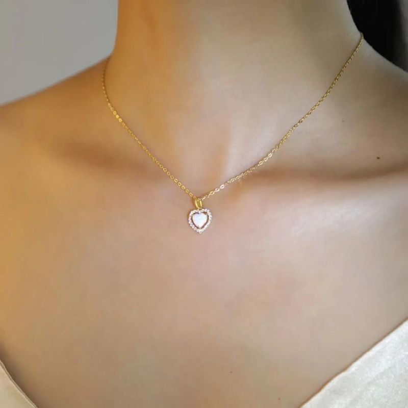 925 Silver Jewelry Opal Stone Heart Pendant Necklace Women Zircon Light Luxury Wedding 14K Gold Plated Jewelry
