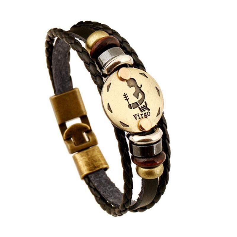 Bronze Alloy Buckles Zodiac Signs Punk Bracelets & Bangles Mens Leather Bracelets