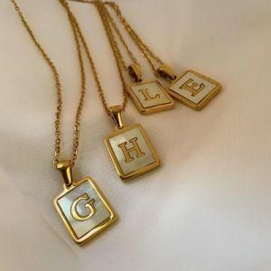 Fashion Women Jewelry Stainless Steel White Shell Square Initial Pendant Necklace