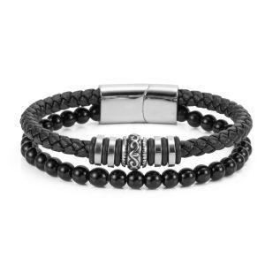 Fashion Design Stainless Steel Accessory Double Bead Weave Leather &#160; Men Bracelet
