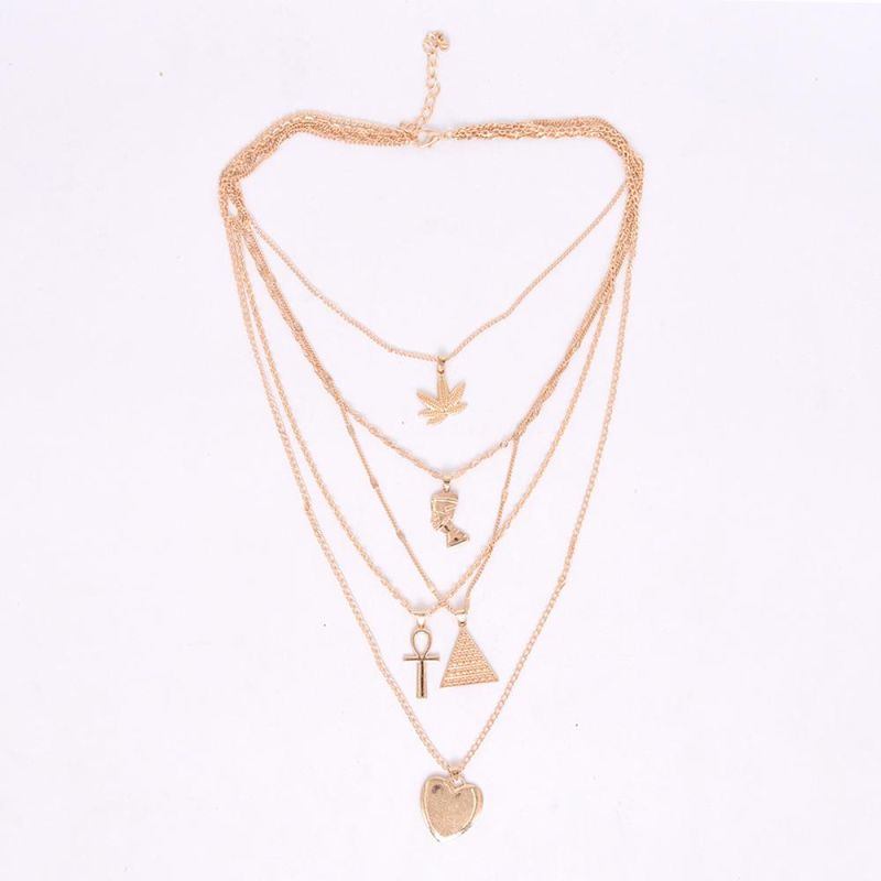 Fashion Jewelry Women Multi Layer Gold Plated Choker Necklace with Heart Pendant