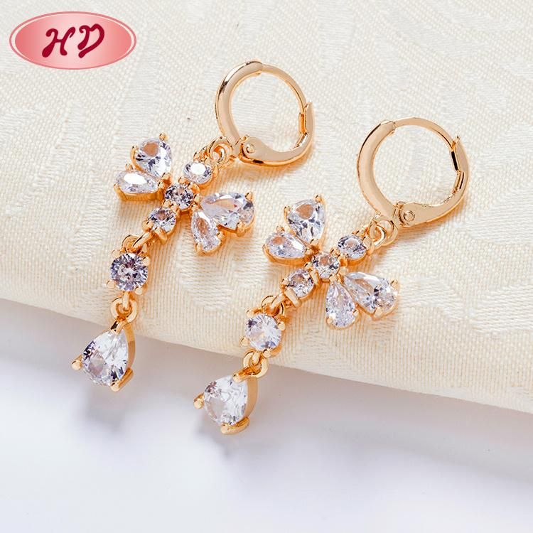 New Style Women Long Rose Gold Zircon Heart Drop Earrings for Wedding