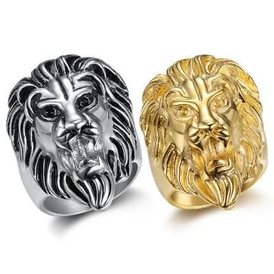 316 Stainless Steel Hip-Hop Lion Head Hand-Polished Vacuum Plating Gold Men&prime; S Ring