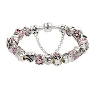 Pink Crystal Mom Love Heart Charm Silver Bracelet Aj61