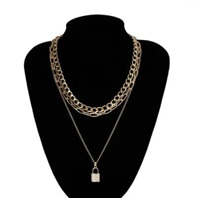 Dainty Personalized Versatile Designer Cuban Chain Micro Inlaid Lock Shaped Zircon Multi-Layer Necklace Women