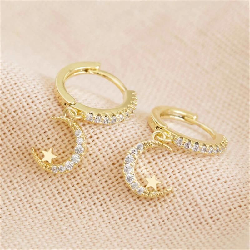Crystal Cubic Zircon Brass Huggie Earings with Moon Dangling in 18K Gold Plated Women Jewelry