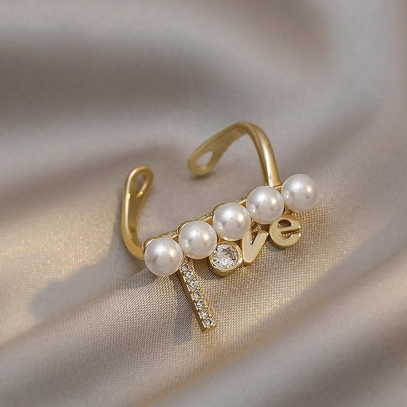 Love Brasss Plated Pearl Open Ring Letter Ring Jewelry