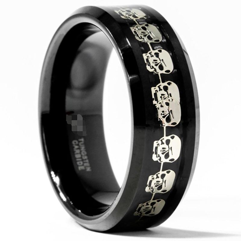 8 mm Black Tungsten Ring with Skull Pattern Inlay