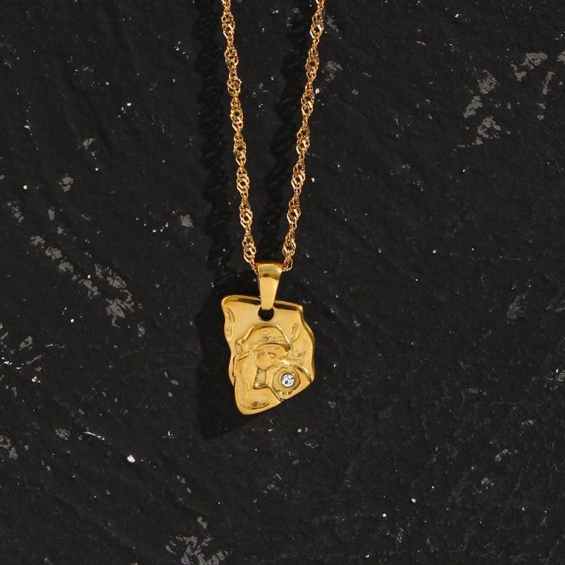 Manufacturer Customized Fashion Jewelry Retro Personalized Fashion Pendant Jewelry Stainless Steel 18K Gold Plated Irregular Portrait Zircon Pendant Necklace