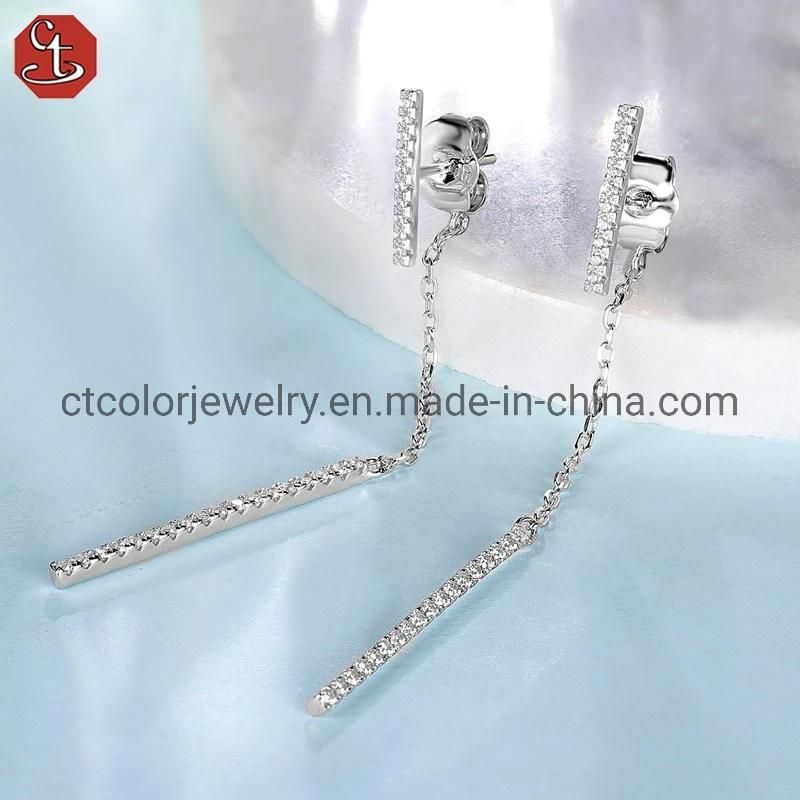 White CZ Tassel Long Drop Stud Earrings Wholesale Fashion jewelry for Women