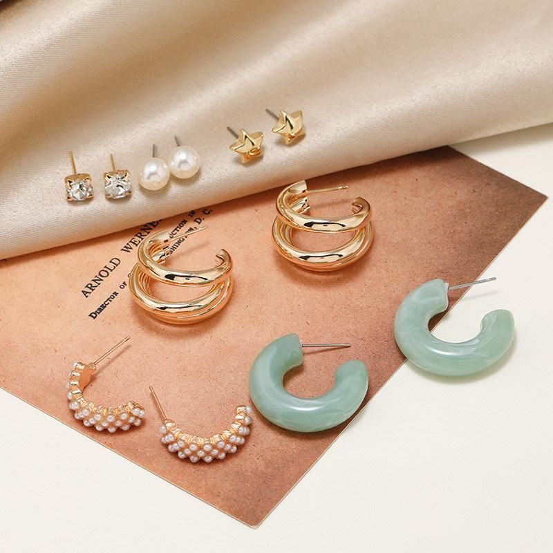 New Earrings 6 Pairs Assorted Pearl Crystal Glass Star Stud with Green Marbling Perspex Hoop Pave Pearl Hoop 3 Rows Tube Hoop Earrings