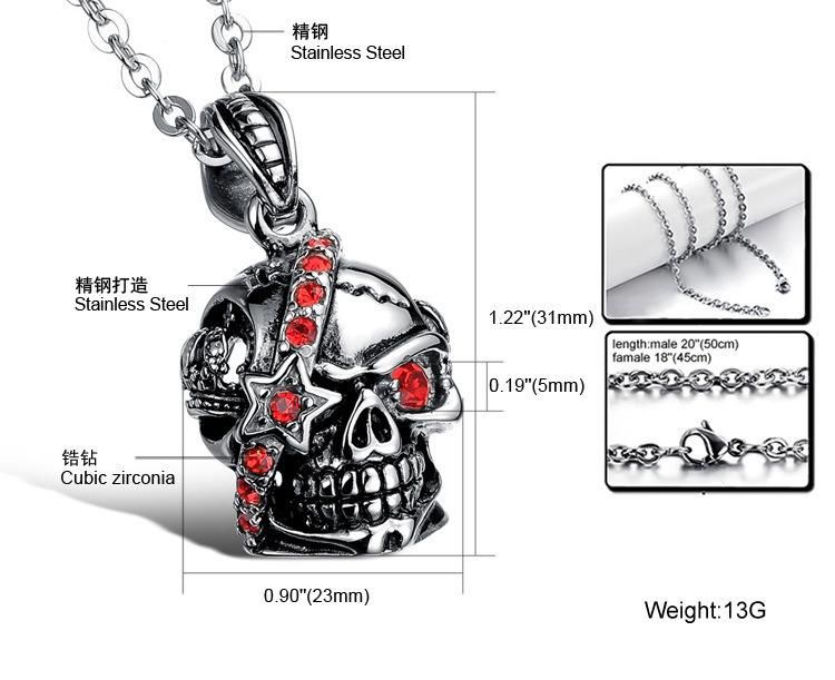 Punk Men Necklace Stainless Steel Gothic Skull Pendant Necklace for Man with Red Cubic Zircon Free 24" Chain