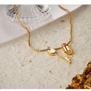 Heart Locket Silver Stainless Steel Lock and Key Clasp Circle Lock 18K Gold Key Pendant Necklace