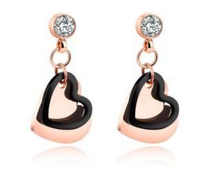 Black &amp; Rose Gold Color Stainless Steel Love Heart Zircon Crystal Drop Dangle Earrings for Women Elegant Jewelry