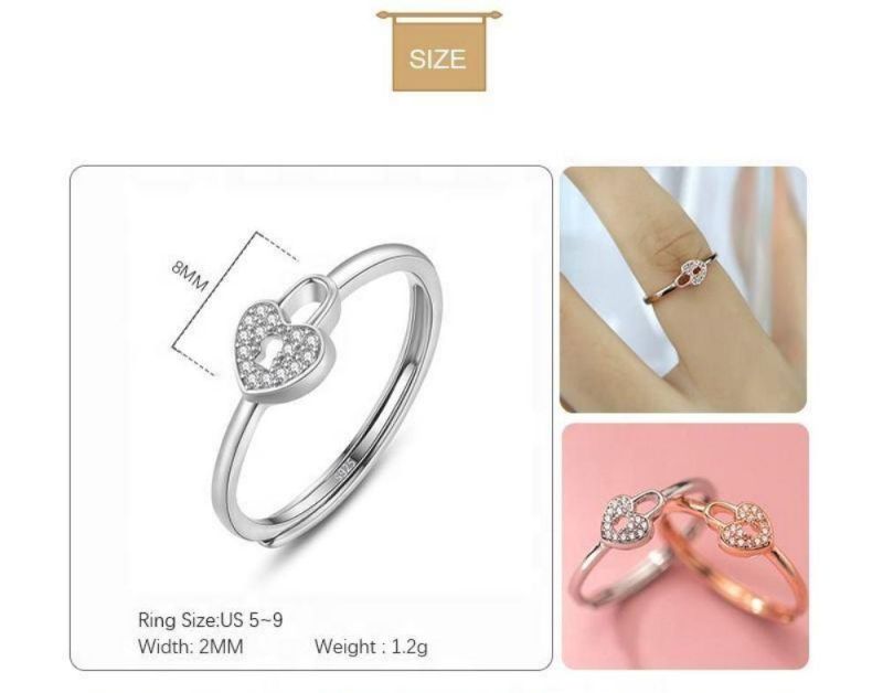 925 Sterling Silver Zircon Heart Lock Adjustable Ring Women Exquisite Sweet Wedding Jewelry