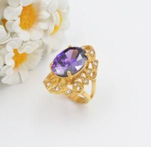 Beautiful Purple Gem Pattern Woman Stainless Steel Stone Gold Ring Jewelry