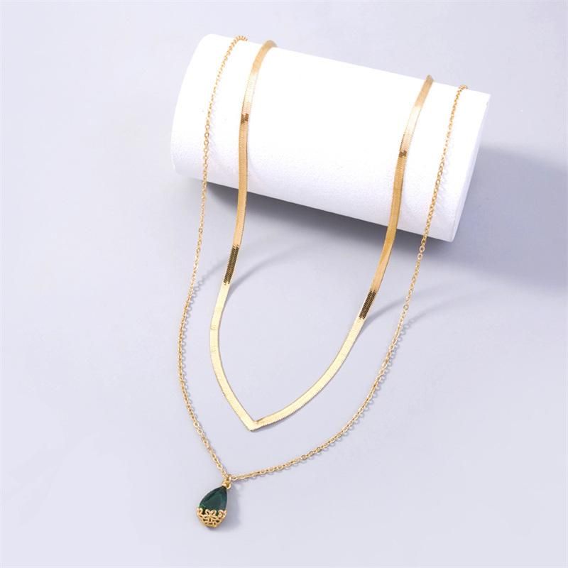 2 Layered New Design Gold Plated Mini V-Shape Flat Snake Chain Choker Necklace and Wrapping Heart Glass Pendant Necklace for Women Girls Lady