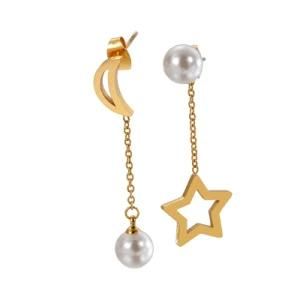 Pearl Star Moon Asymmetric Gold-Plated Stainless Steel Earrings Stud
