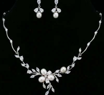 Bridal Wedding Fresh Water Pearl Elegant CZ Necklace Earring Jewelry Set