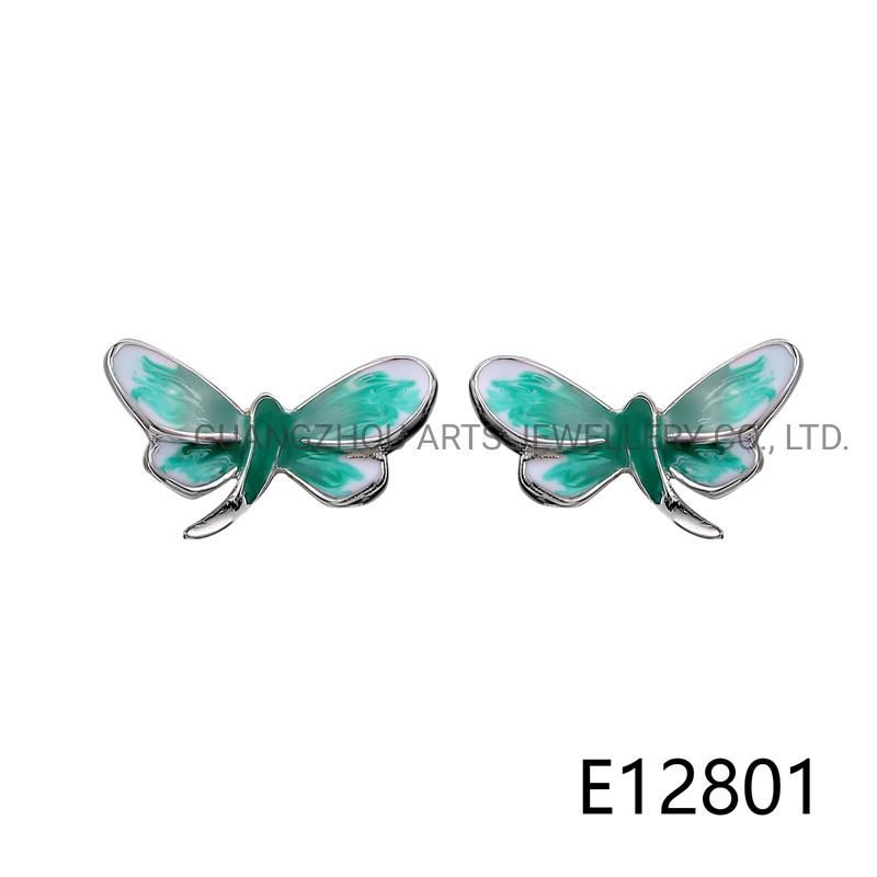 Handmade Gradiant Green Enamel Butterfly 925 Silver Stud Earring