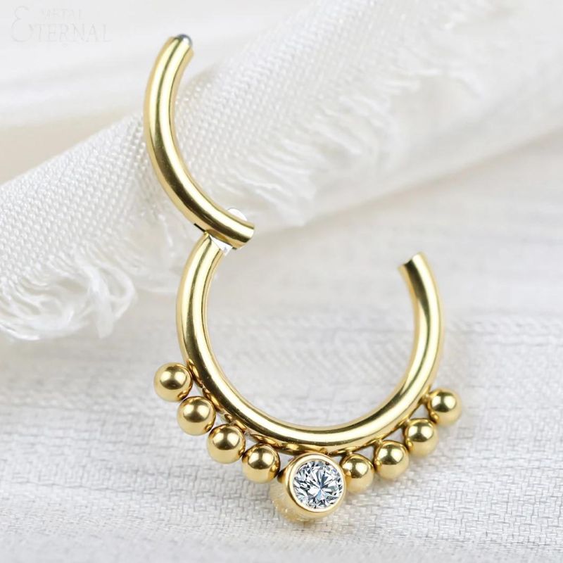 Eternal Metal PVD Gold Titanium Hinged Clicker Nose Rings with Balls and Stone Piercing Jewelry