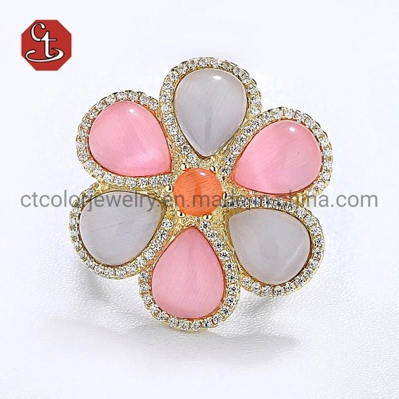 Fashion Jewelry 925 Sterling Silver Ring Daisy Flower Silver Gold Jewelry Pear shaped Color Cat Eyes Stone Ring